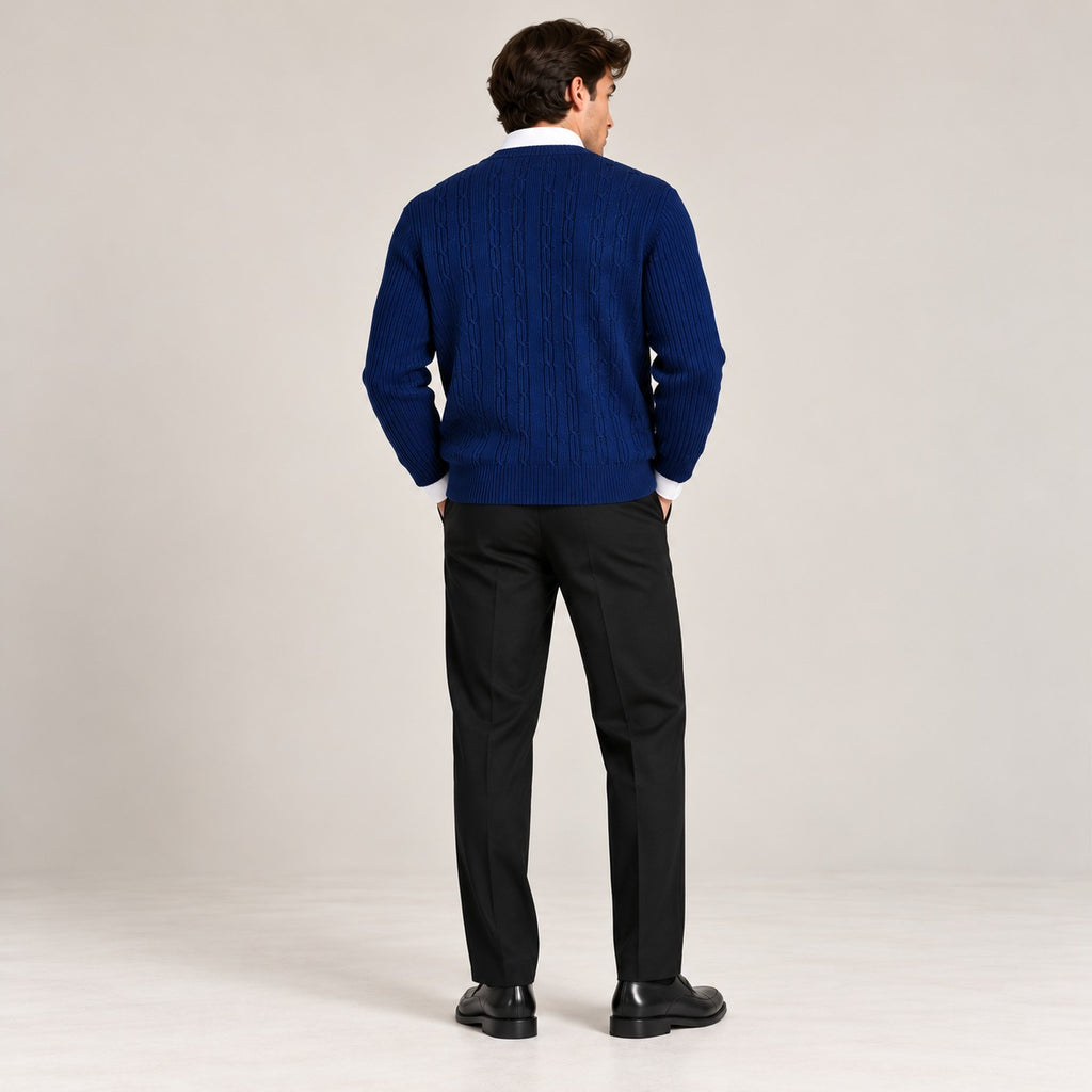 Men's Royal Blue Cable Knit V-Neck Sweater