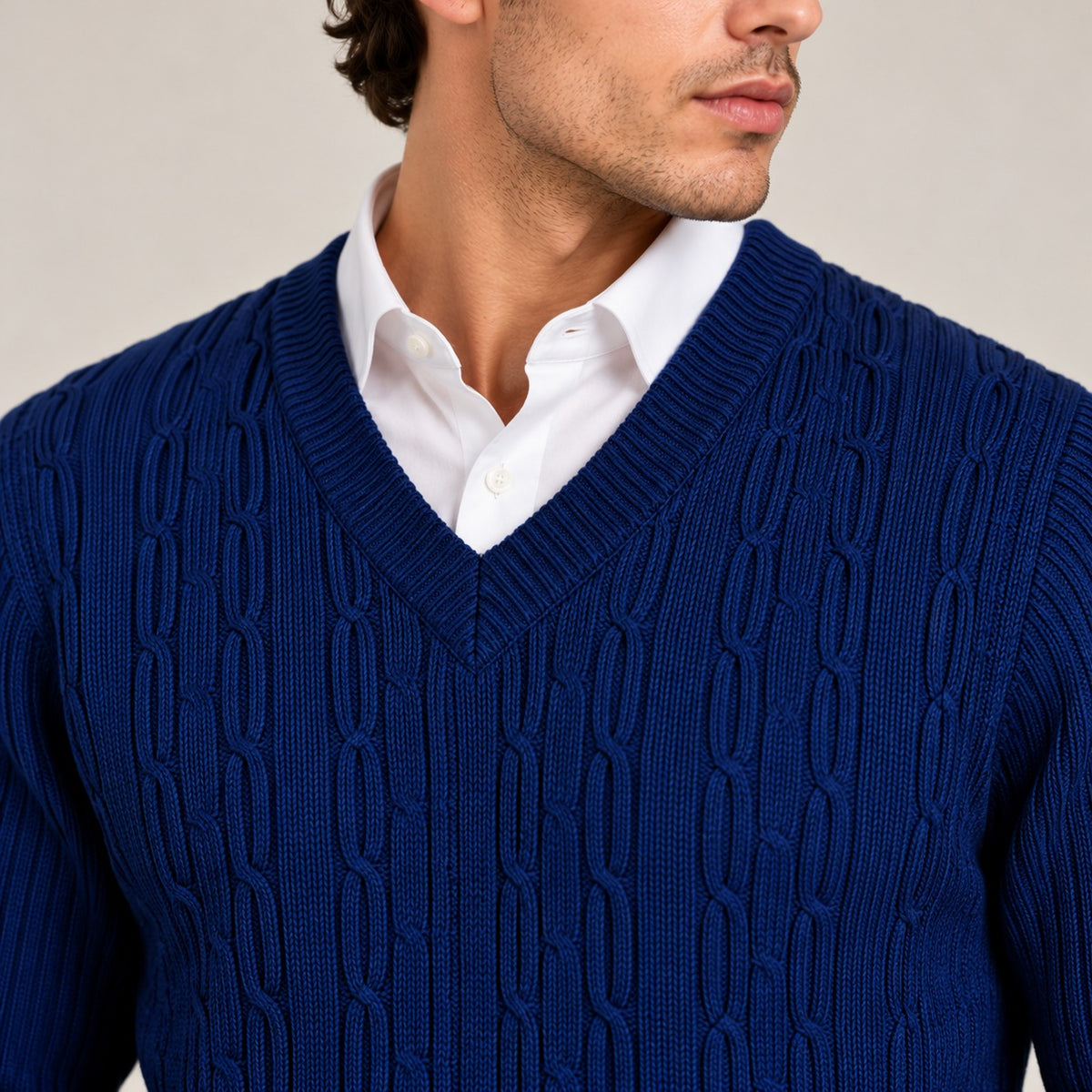 Men's Royal Blue Cable Knit V-Neck Sweater
