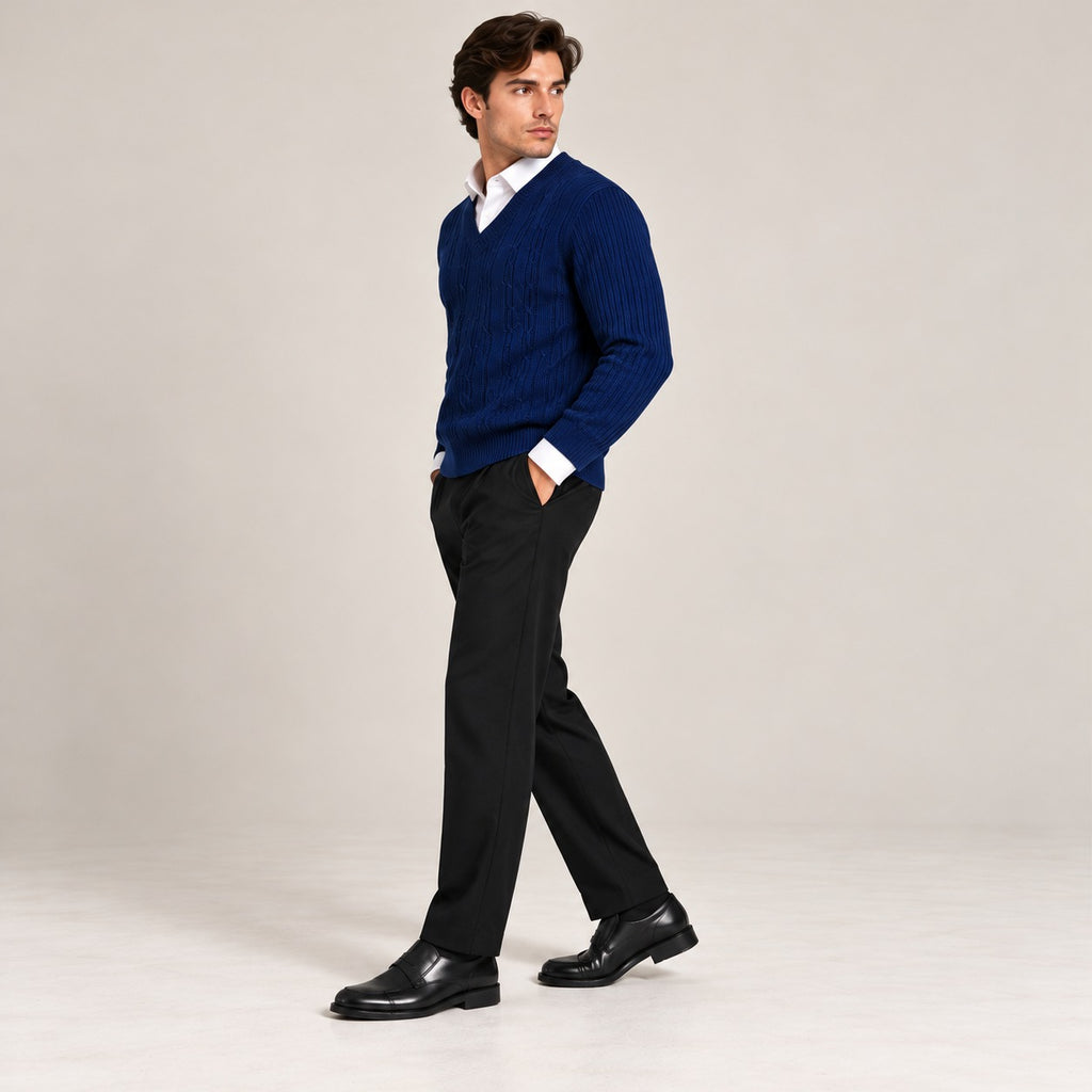 Men's Royal Blue Cable Knit V-Neck Sweater