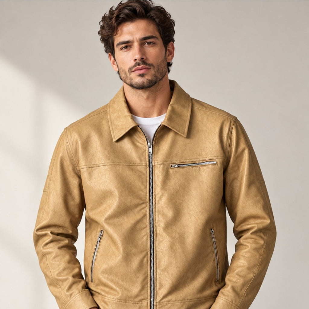 Men’s Leather-Look Collar Zip Jacket