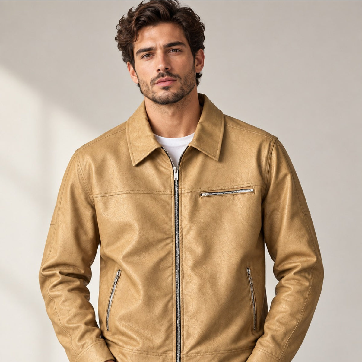 Men’s Leather-Look Collar Zip Jacket