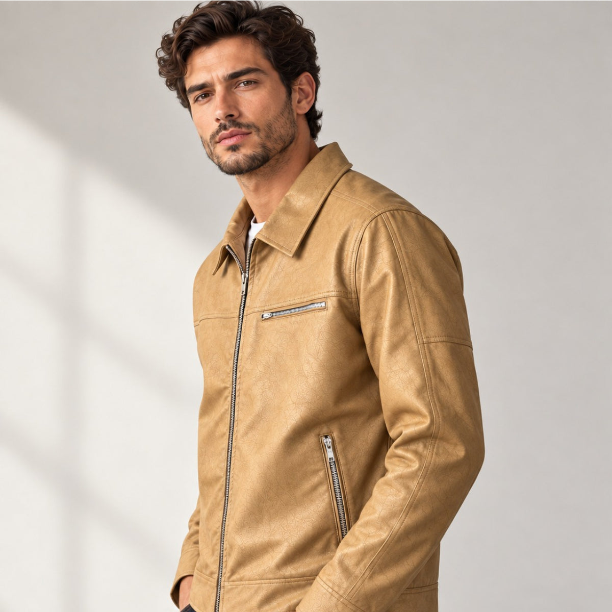 Men’s Leather-Look Collar Zip Jacket