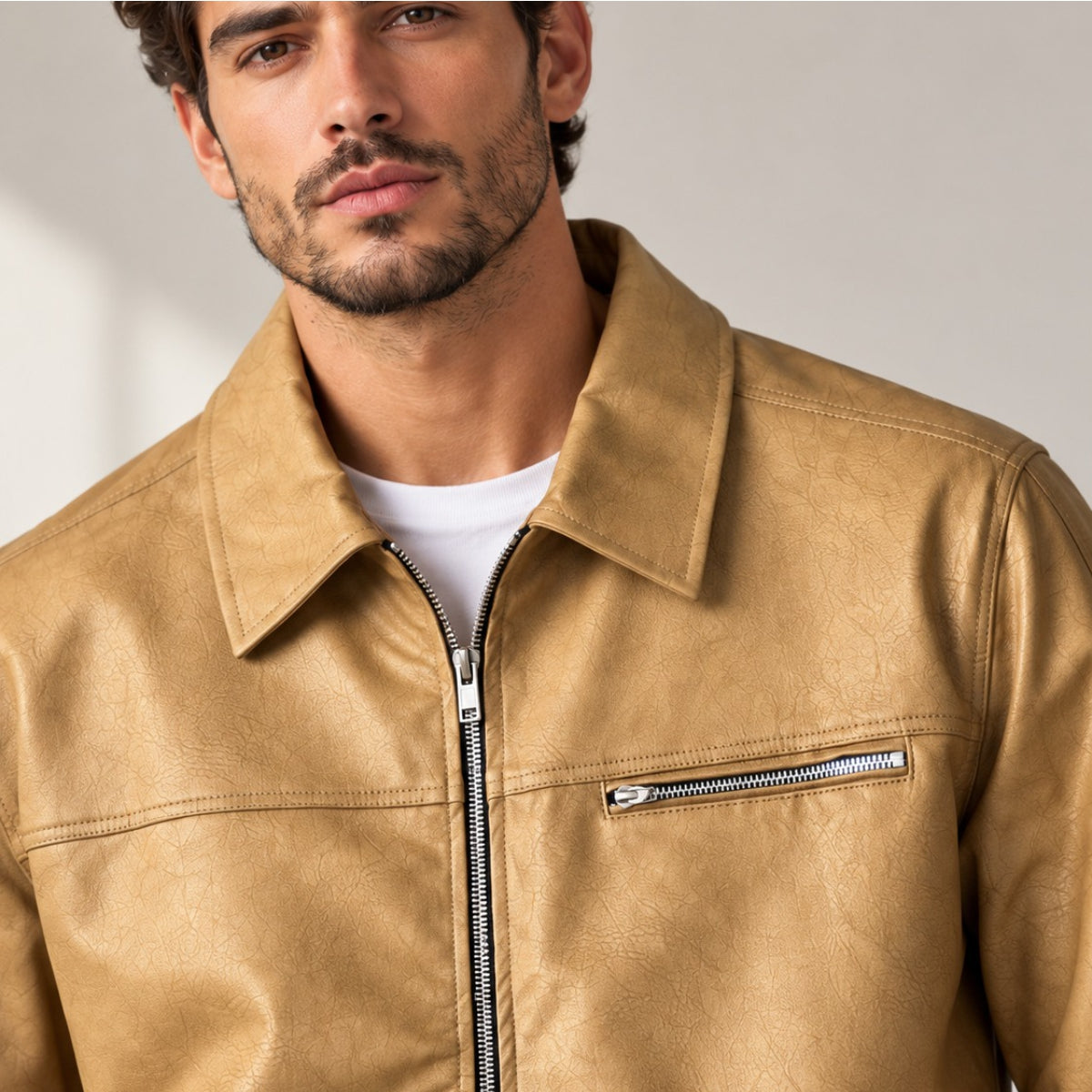 Men’s Leather-Look Collar Zip Jacket