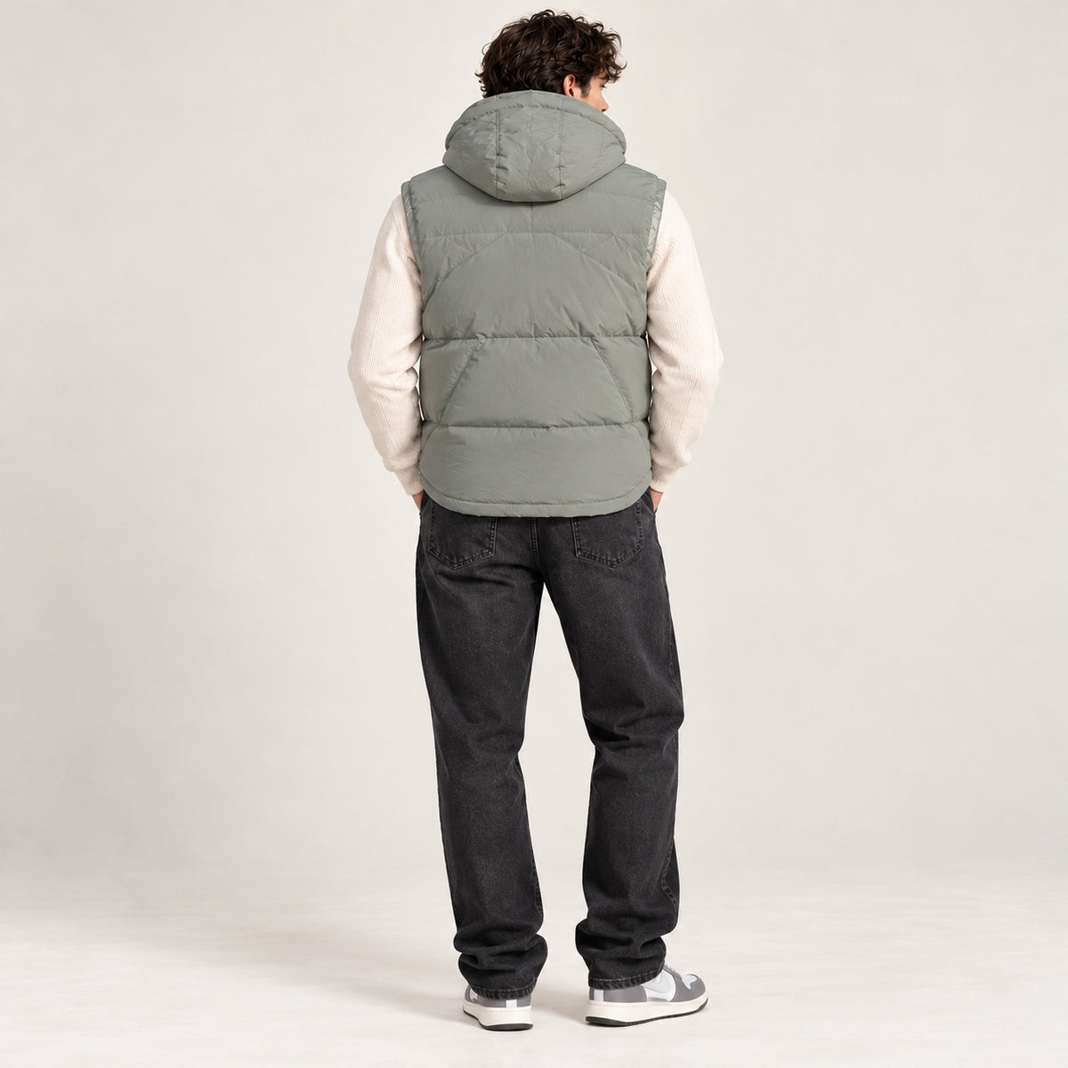 Sage Grey Hooded Puffer Sleeveless Jacket