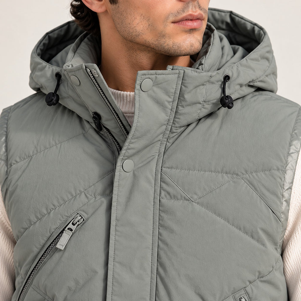 Sage Grey Hooded Puffer Sleeveless Jacket