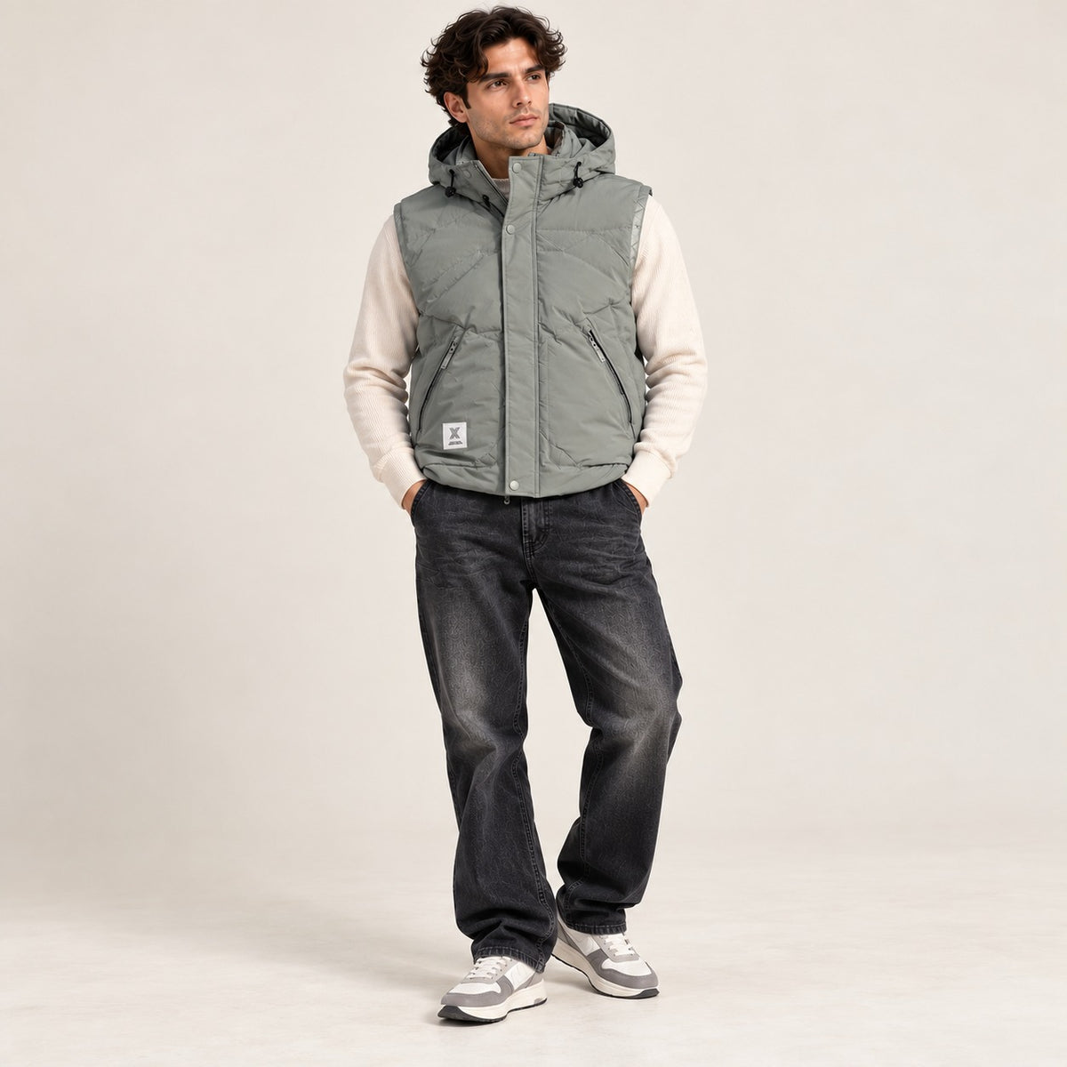 Sage Grey Hooded Puffer Sleeveless Jacket