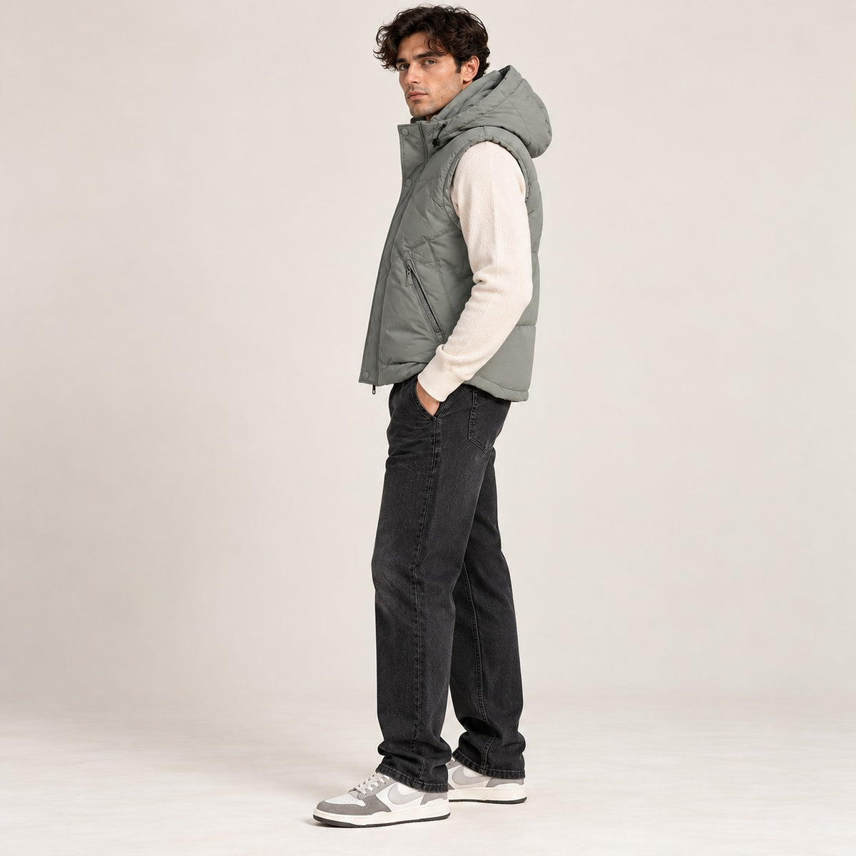 Sage Grey Hooded Puffer Sleeveless Jacket