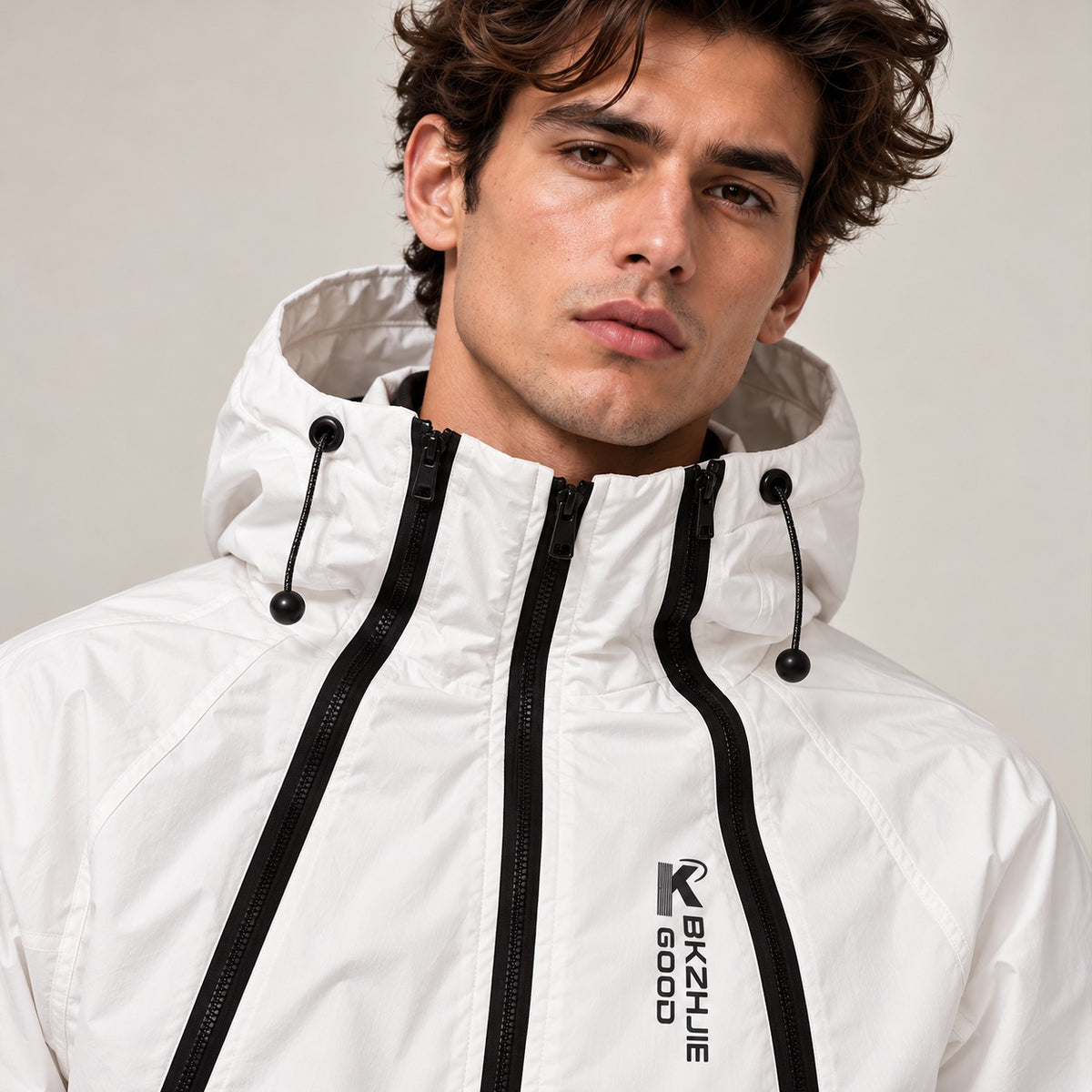 White Hooded Jacket with Black Zippers