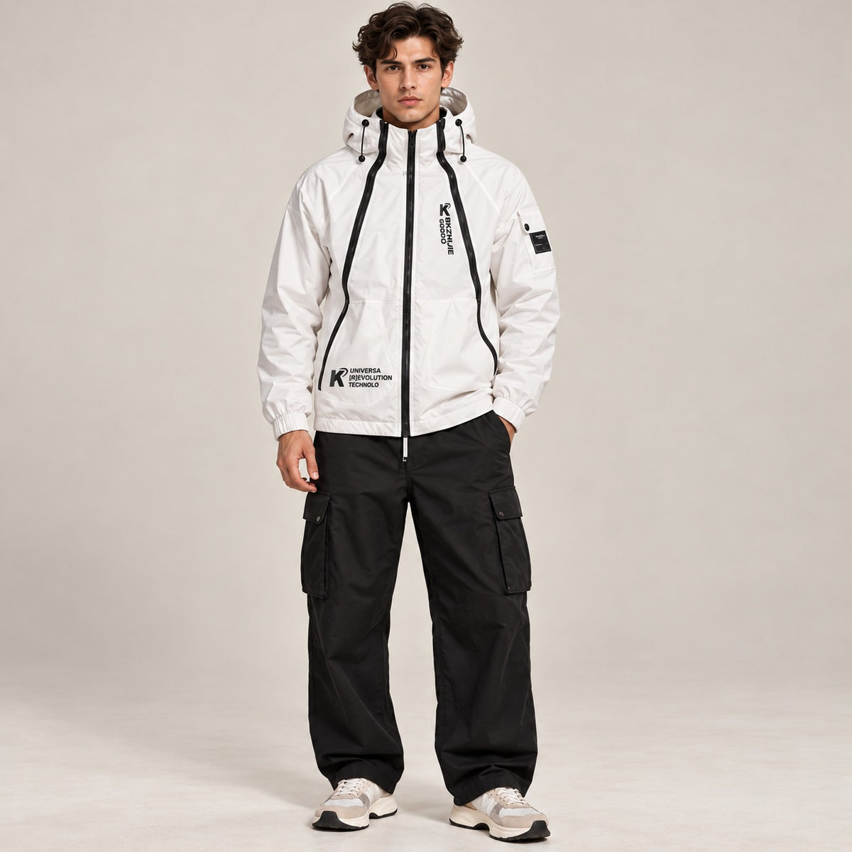White Hooded Jacket with Black Zippers