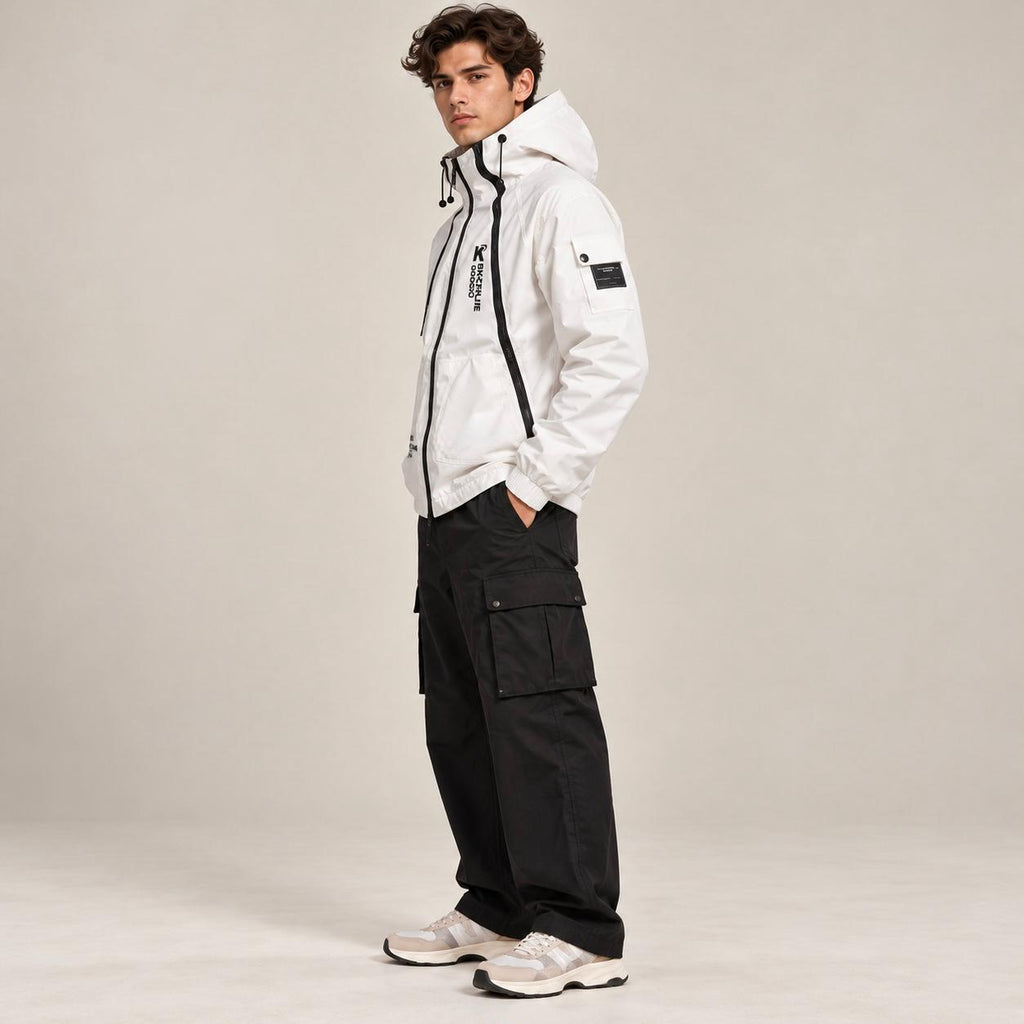 White Hooded Jacket with Black Zippers