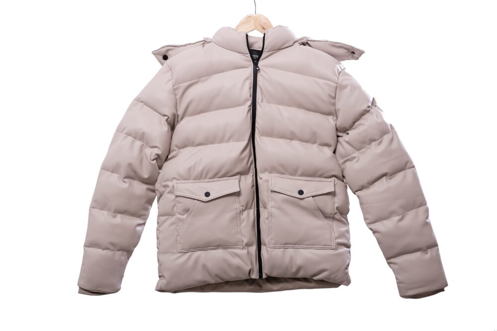 Men's Leather Jacket Puffer Hood Cream MJ-2501